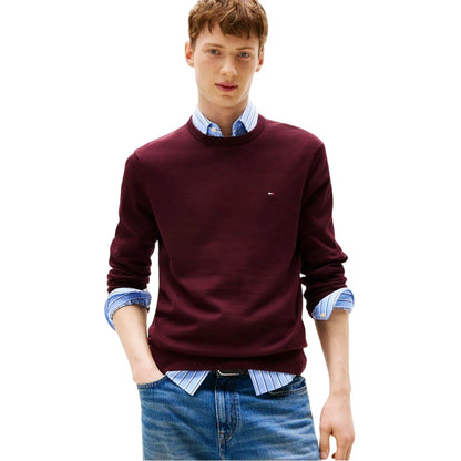 Deep Burgundy - Side - Tommy Hilfiger Mens Cotton Crew Neck Jumper