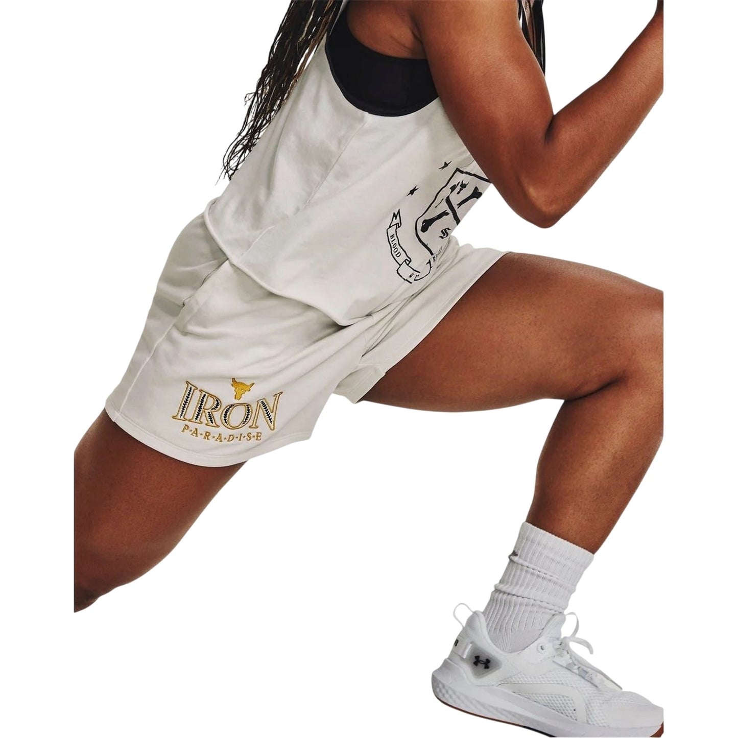 White - Side - Under Armour Womens-Ladies Project Rock Iron Paradise Shorts