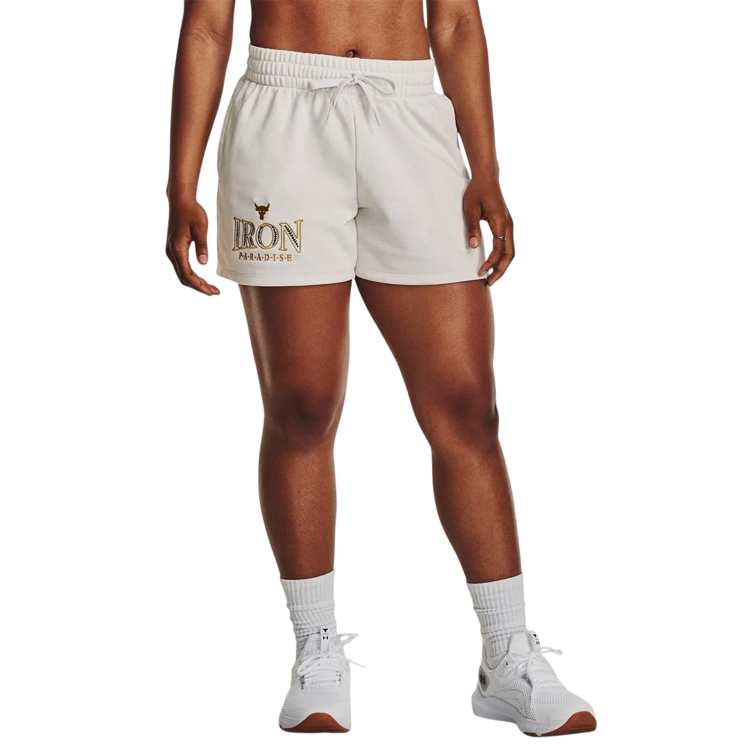 White - Lifestyle - Under Armour Womens-Ladies Project Rock Iron Paradise Shorts