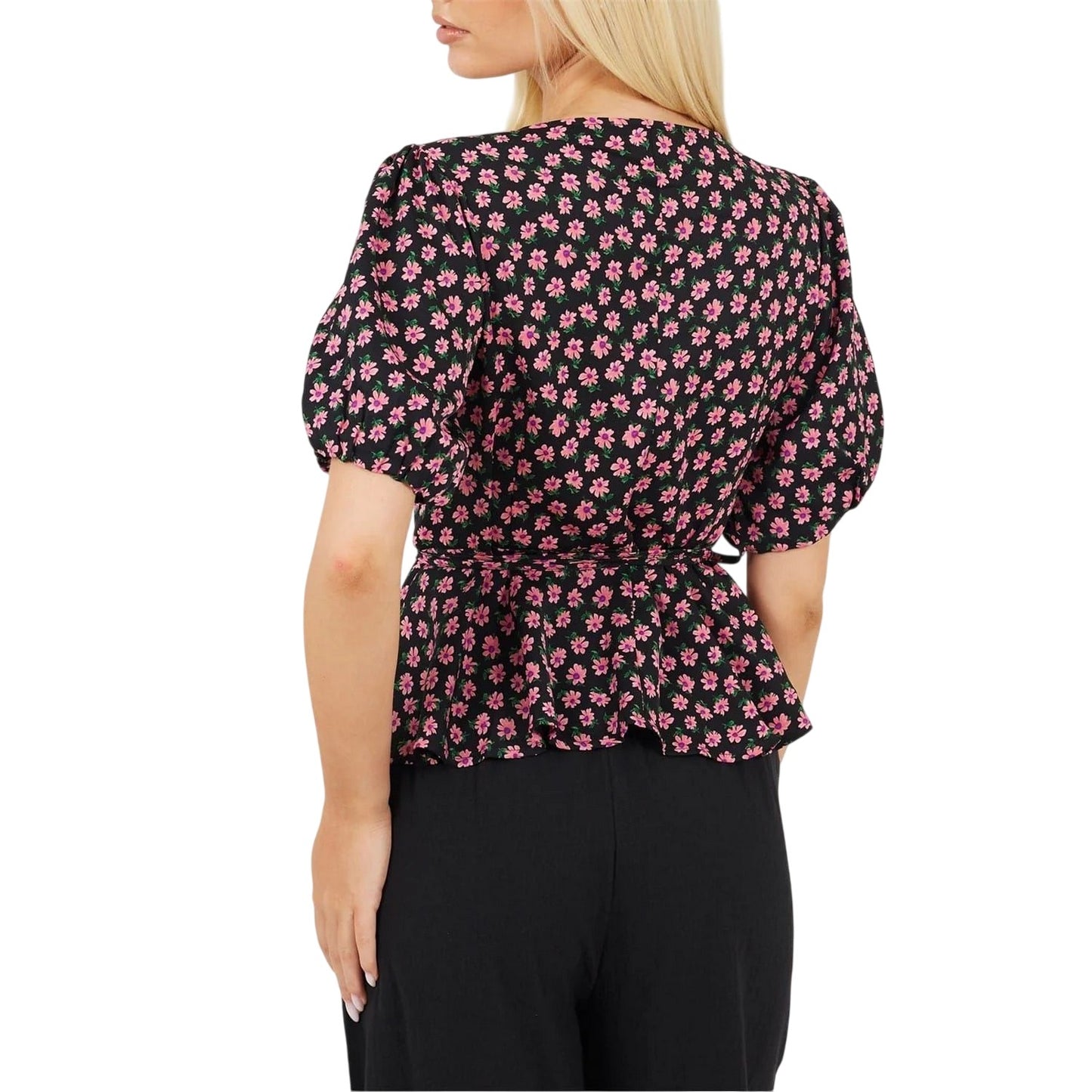 Black-Pink - Back - Brave Soul Womens-Ladies V Neck Puff Sleeve Wrap Top