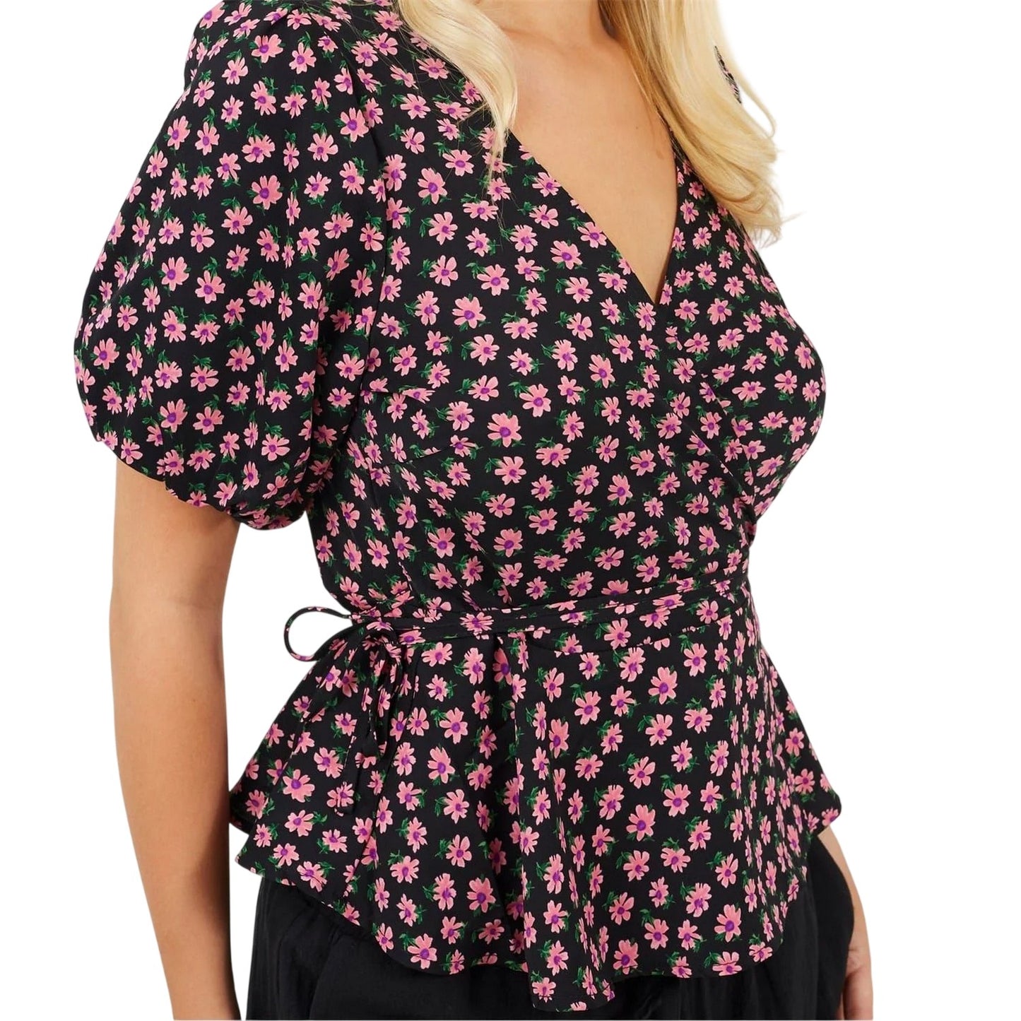 Black-Pink - Side - Brave Soul Womens-Ladies V Neck Puff Sleeve Wrap Top