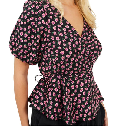 Black-Pink - Side - Brave Soul Womens-Ladies V Neck Puff Sleeve Wrap Top