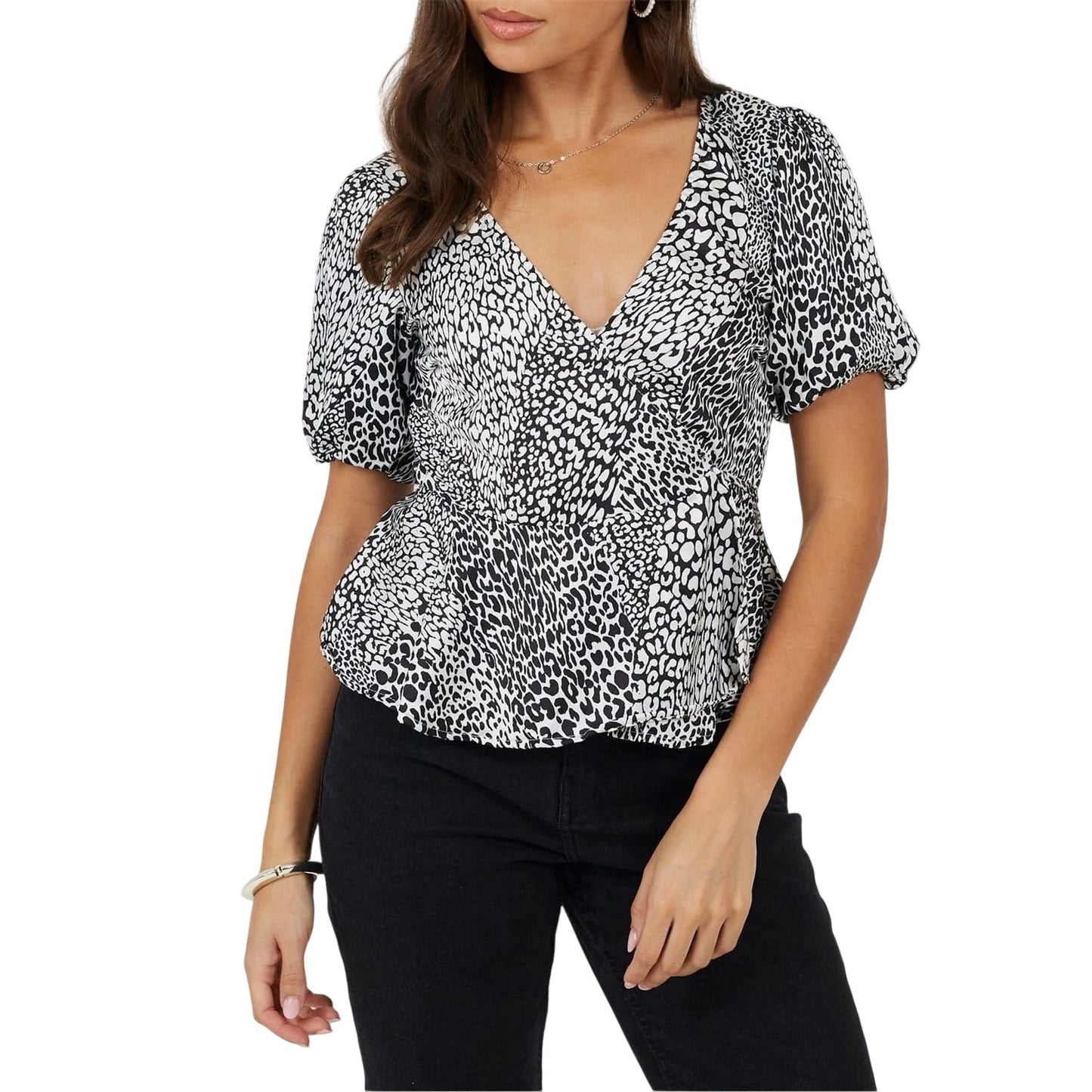 Black-White - Front - Brave Soul Womens-Ladies V Neck Puff Sleeve Wrap Top
