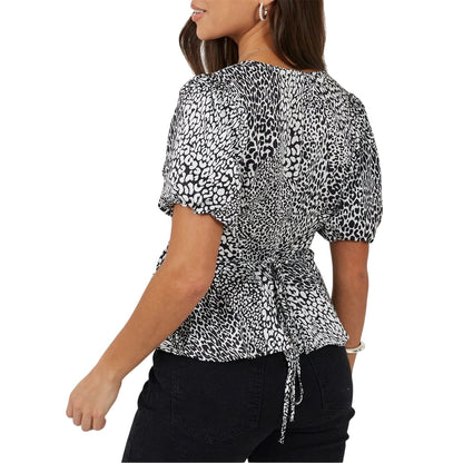Black-White - Back - Brave Soul Womens-Ladies V Neck Puff Sleeve Wrap Top