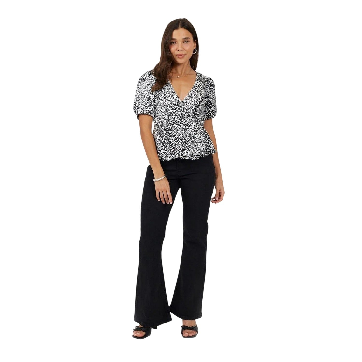 Black-White - Lifestyle - Brave Soul Womens-Ladies V Neck Puff Sleeve Wrap Top