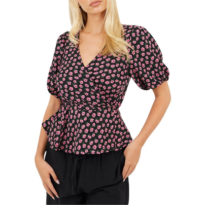 Black-Pink - Front - Brave Soul Womens-Ladies V Neck Puff Sleeve Wrap Top