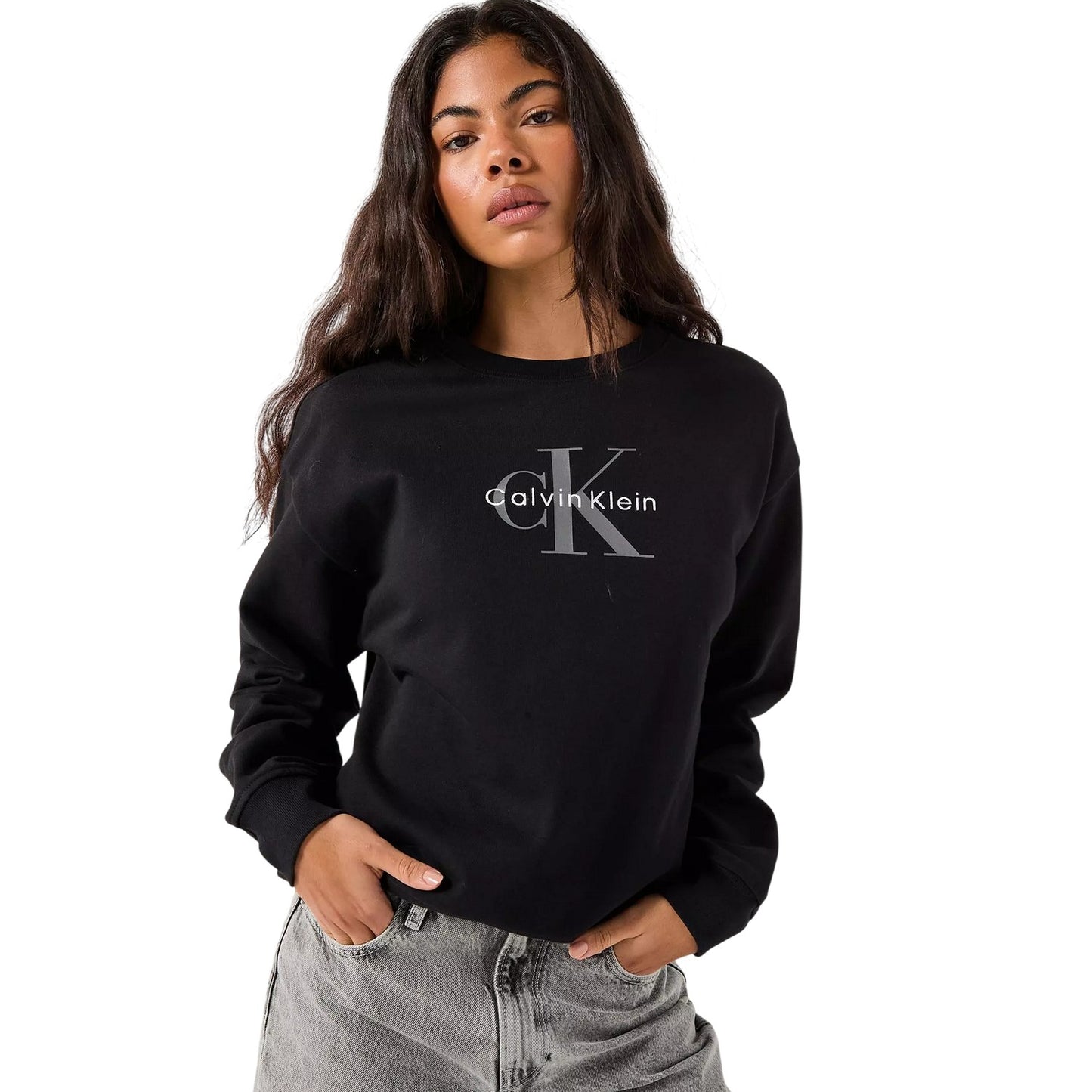 Black - Side - Calvin Klein Womens-Ladies Logo Long-Sleeved Sweatshirt