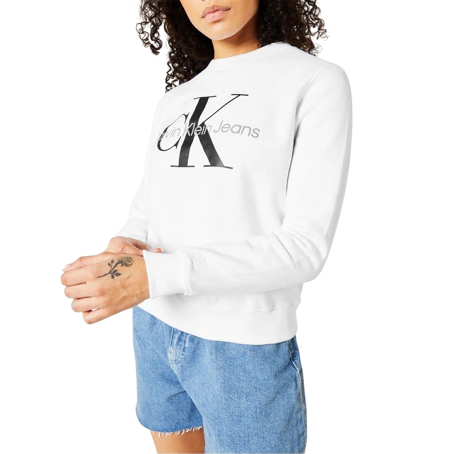 Bright White - Side - Calvin Klein Womens-Ladies Logo Long-Sleeved Sweatshirt