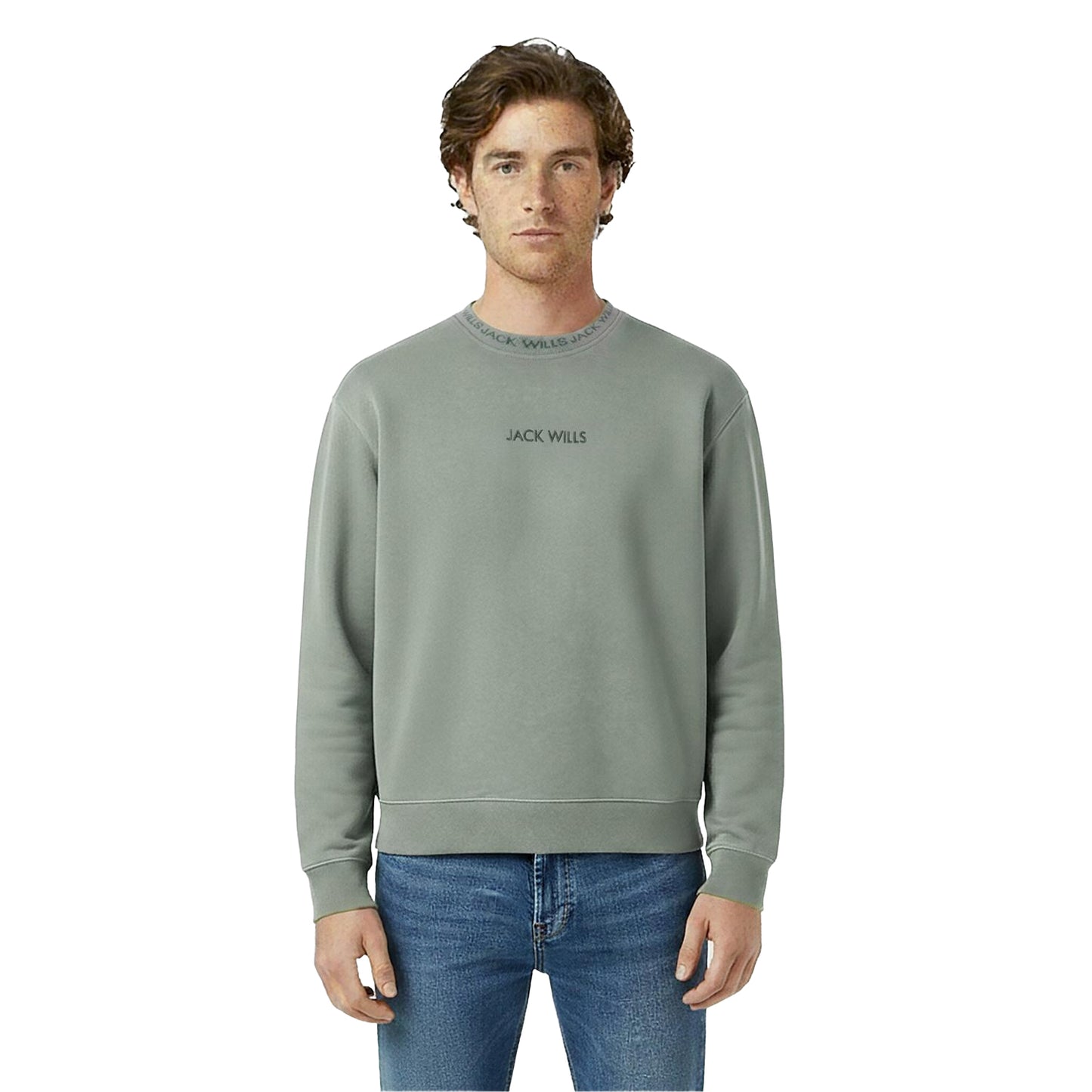 Washed Khaki - Side - Jack Wills Mens Jacquard Crew Neck Sweatshirt
