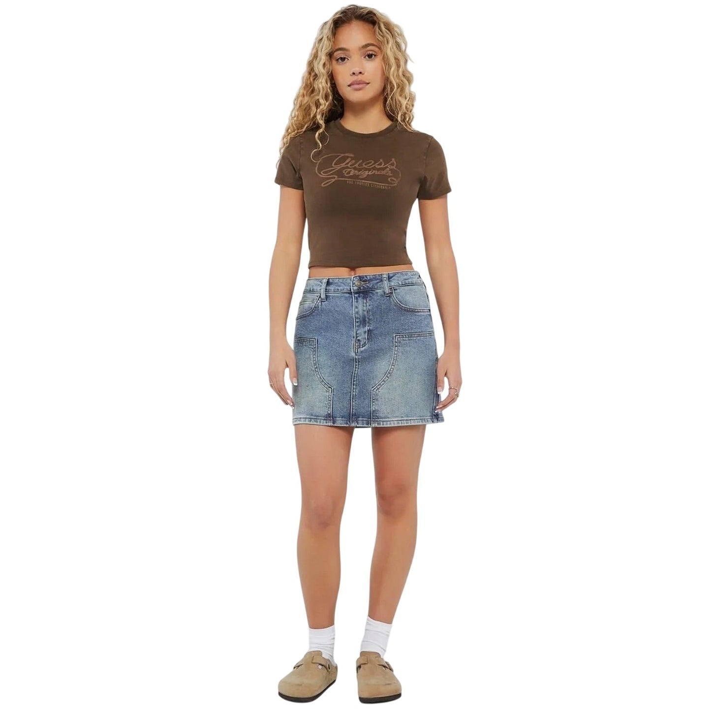Washed Blue - Pack Shot - Guess Womens-Ladies Panel Denim Mini Skirt