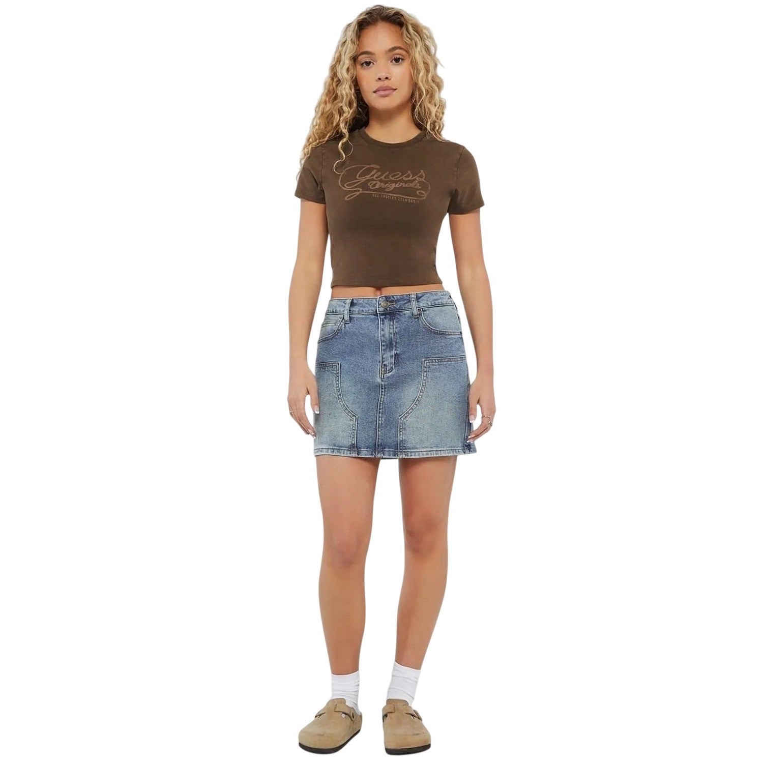 Washed Blue - Pack Shot - Guess Womens-Ladies Panel Denim Mini Skirt