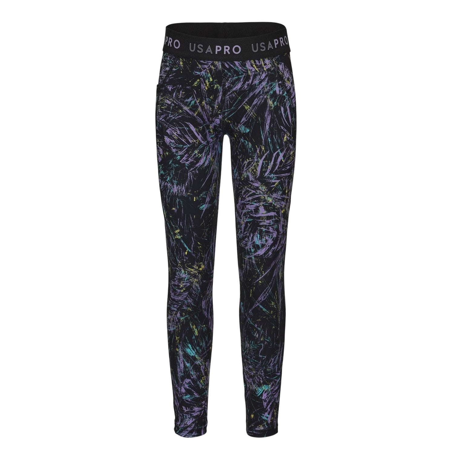 Black-Multicoloured - Front - USA Pro Girls Leaf Print Tight Leggings