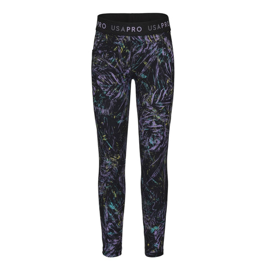 Black-Multicoloured - Front - USA Pro Girls Leaf Print Tight Leggings