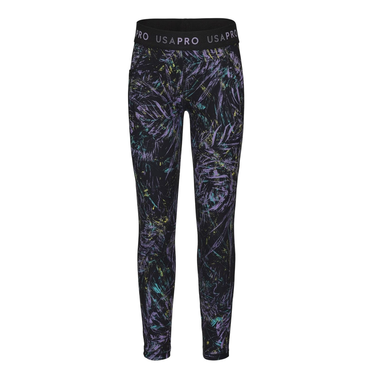 Black-Multicoloured - Front - USA Pro Girls Leaf Print Tight Leggings