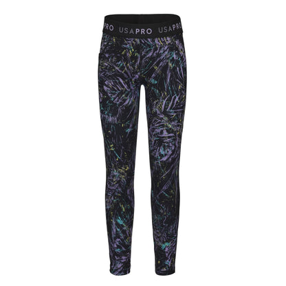 Black-Multicoloured - Front - USA Pro Girls Leaf Print Tight Leggings