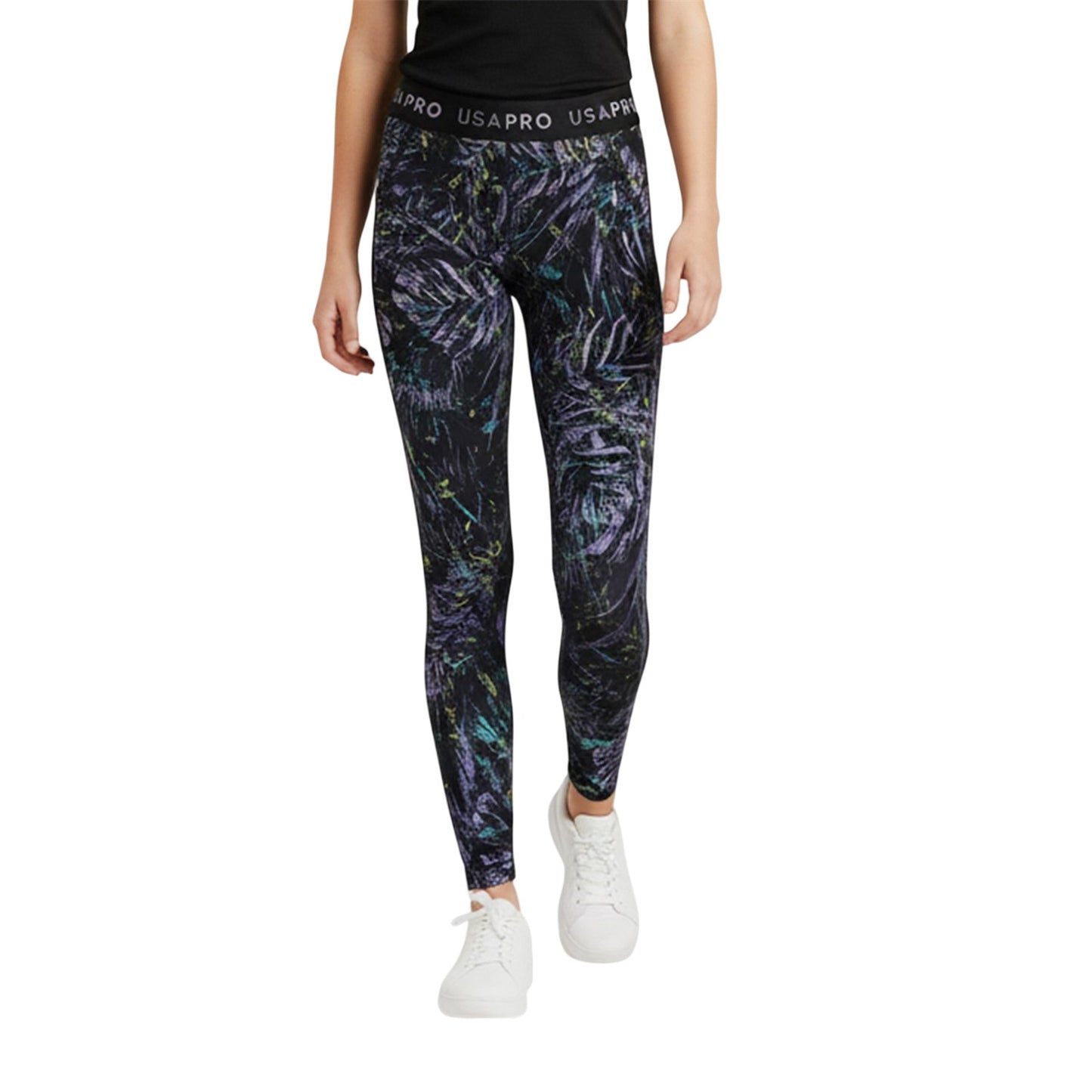 Black-Multicoloured - Side - USA Pro Girls Leaf Print Tight Leggings