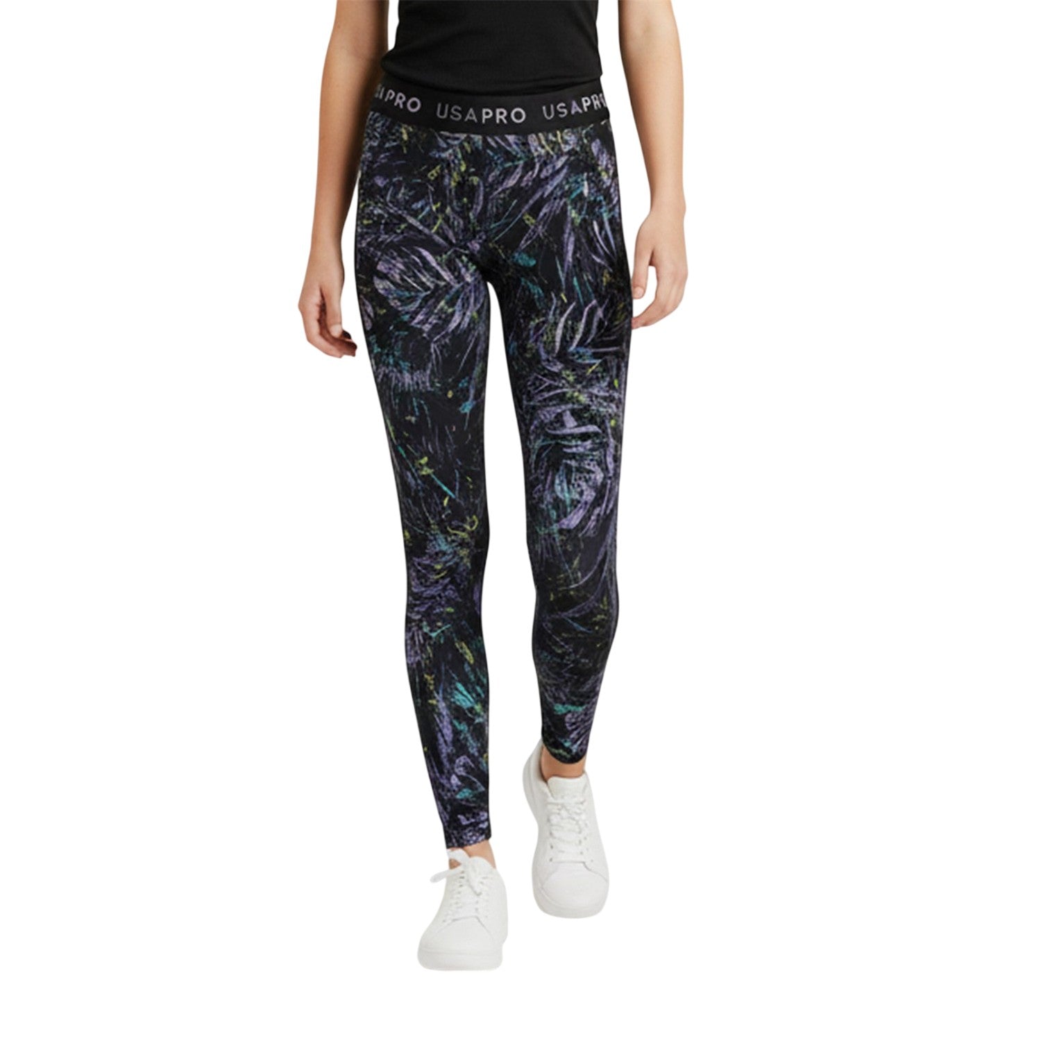 Black-Multicoloured - Side - USA Pro Girls Leaf Print Tight Leggings