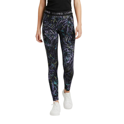 Black-Multicoloured - Side - USA Pro Girls Leaf Print Tight Leggings