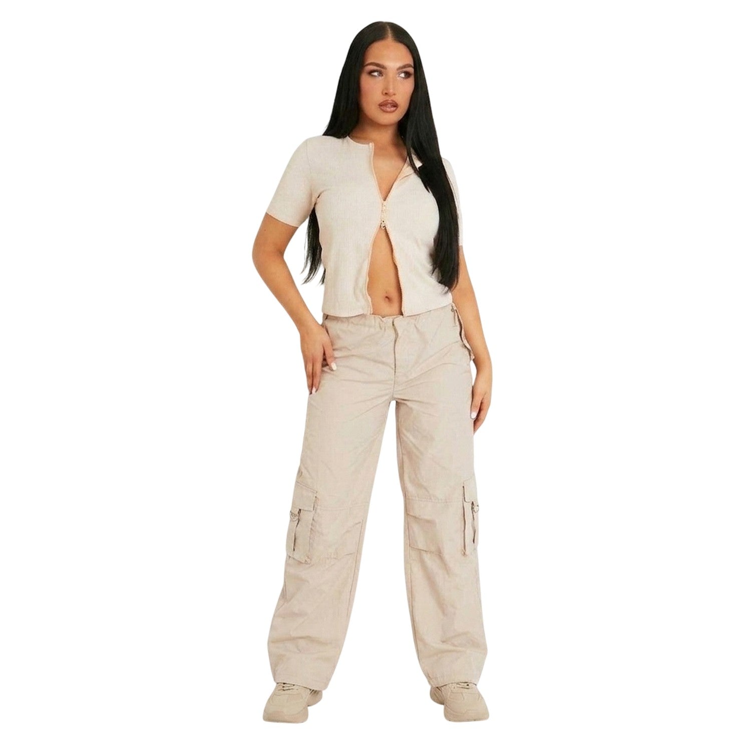 Beige - Back - Missy Empire Womens-Ladies Ribbed Zipped Fitted Short-Sleeved Top