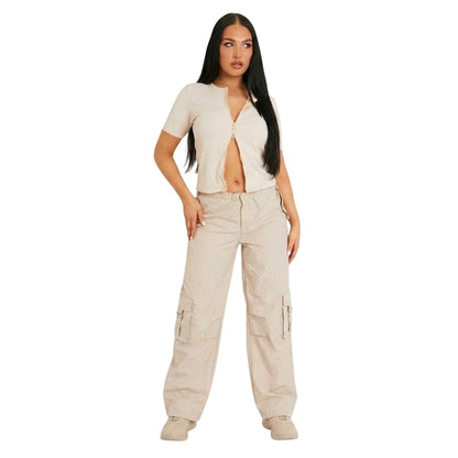 Beige - Back - Missy Empire Womens-Ladies Ribbed Zipped Fitted Short-Sleeved Top