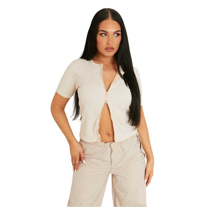 Beige - Front - Missy Empire Womens-Ladies Ribbed Zipped Fitted Short-Sleeved Top