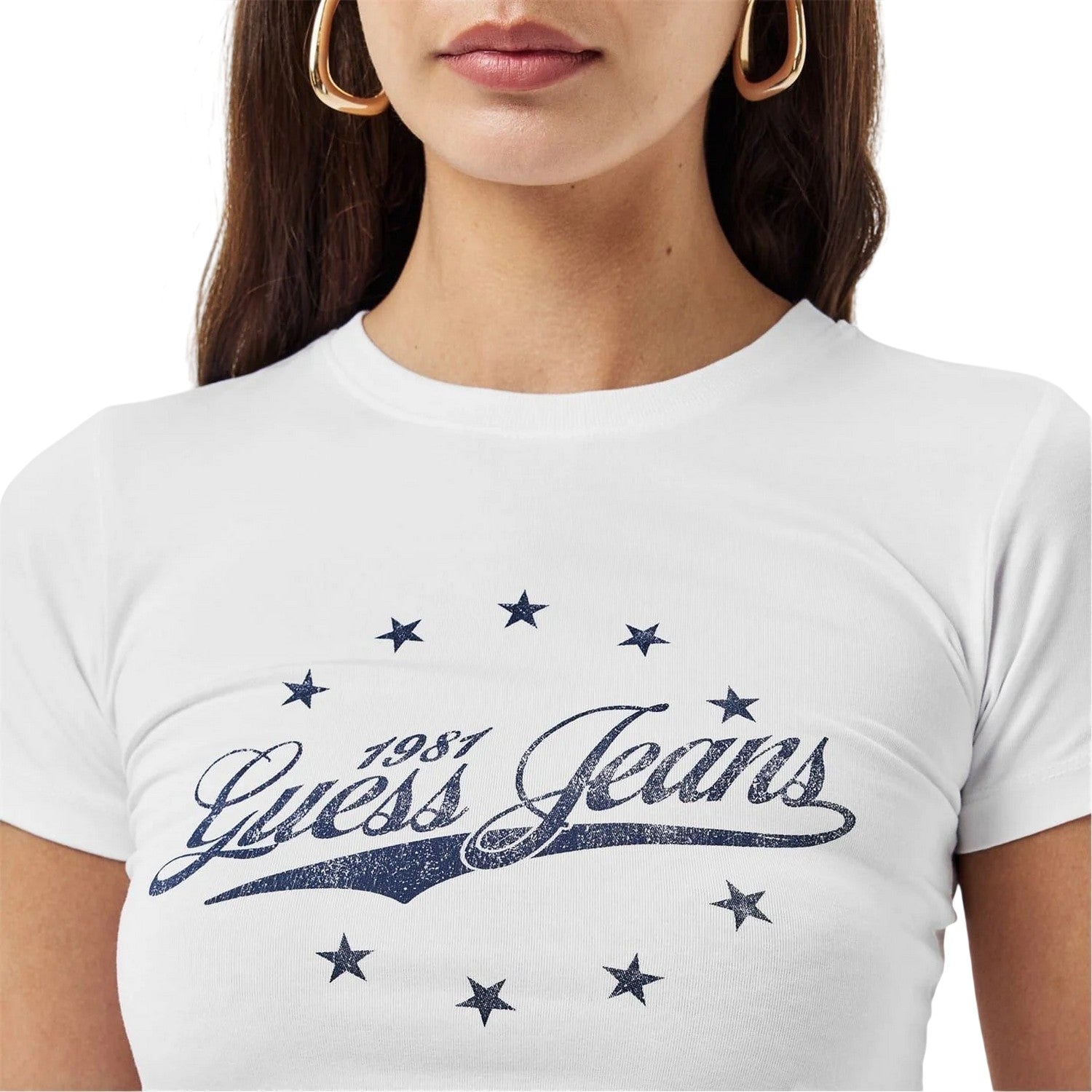 Pure White - Side - Guess Womens-Ladies Logo Cropped Slim T-Shirt