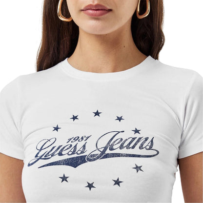 Pure White - Side - Guess Womens-Ladies Logo Cropped Slim T-Shirt