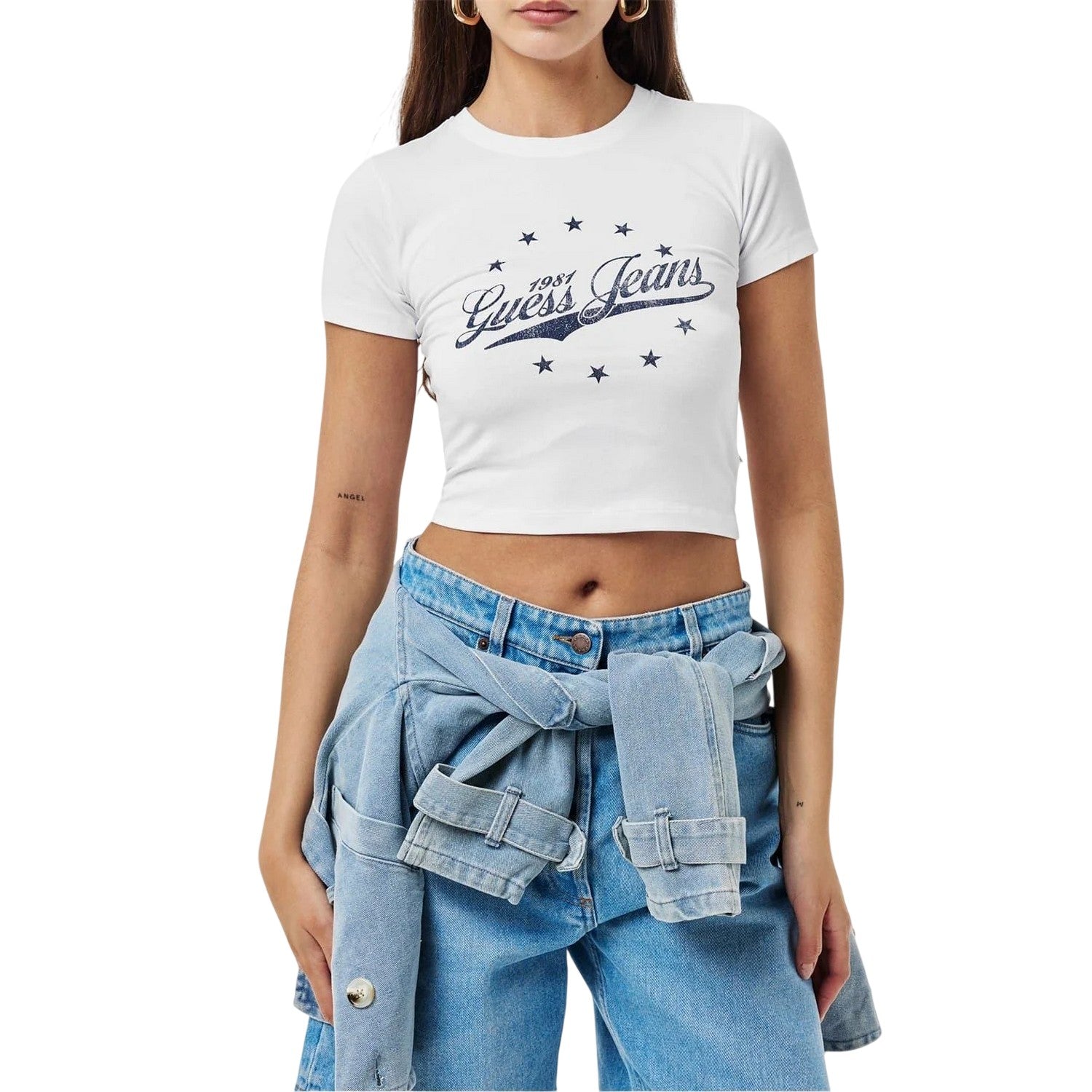 Pure White - Lifestyle - Guess Womens-Ladies Logo Cropped Slim T-Shirt