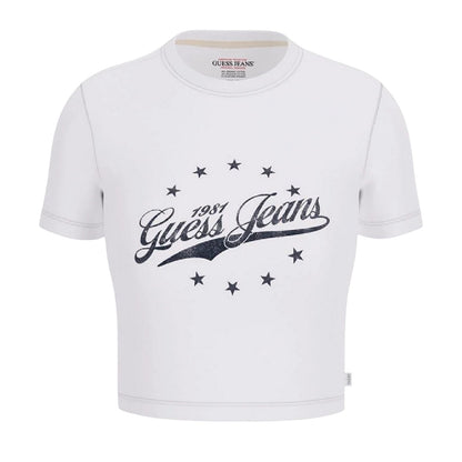 Pure White - Front - Guess Womens-Ladies Logo Cropped Slim T-Shirt