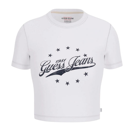 Pure White - Front - Guess Womens-Ladies Logo Cropped Slim T-Shirt