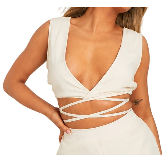 Ivory - Front - Missy Empire Womens-Ladies Linen-Look Wrap Around Sleeveless Crop Top
