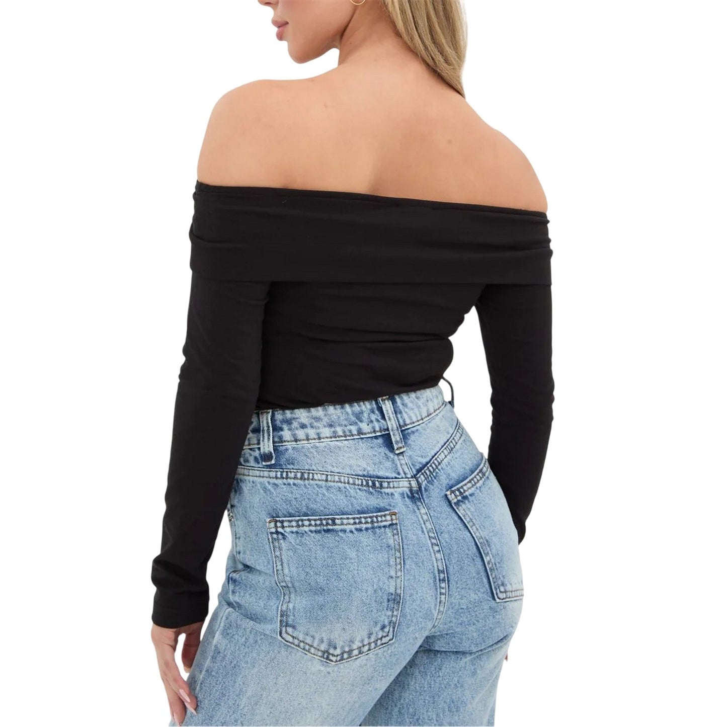 Black - Back - I Saw It First Womens-Ladies Button Front Fitted Bardot Top