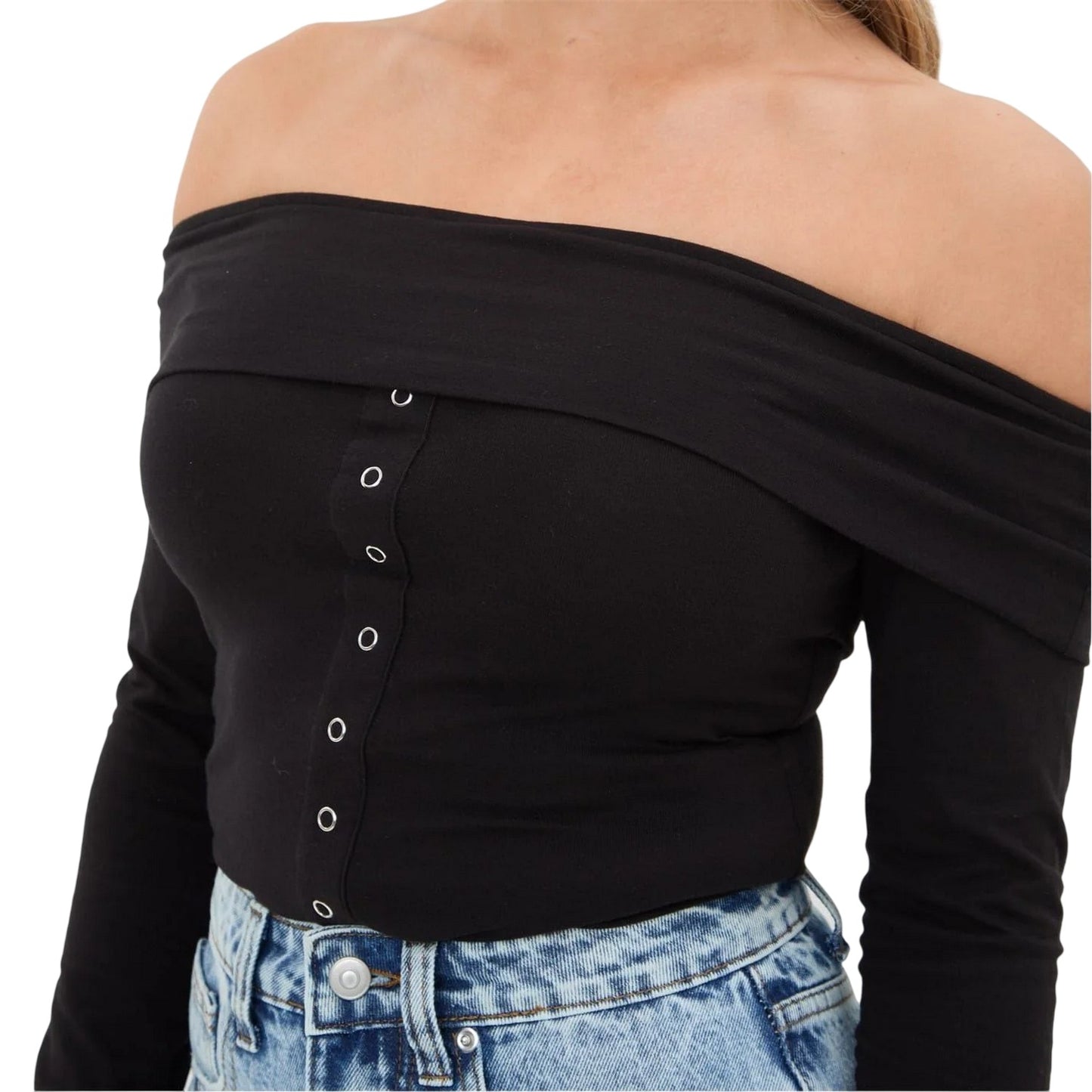 Black - Side - I Saw It First Womens-Ladies Button Front Fitted Bardot Top
