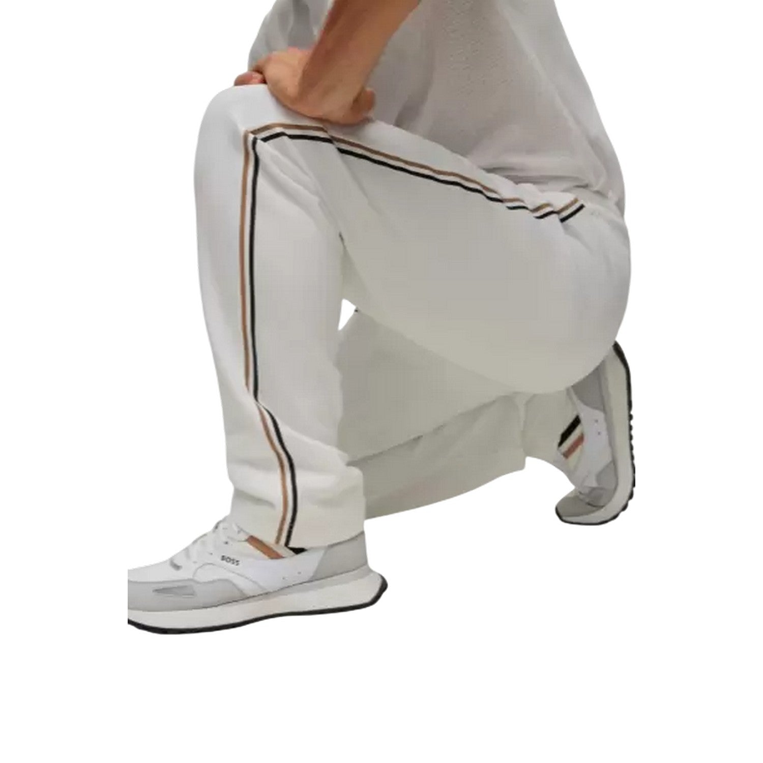 White - Side - Boss Mens Side Stripe Jogging Bottoms