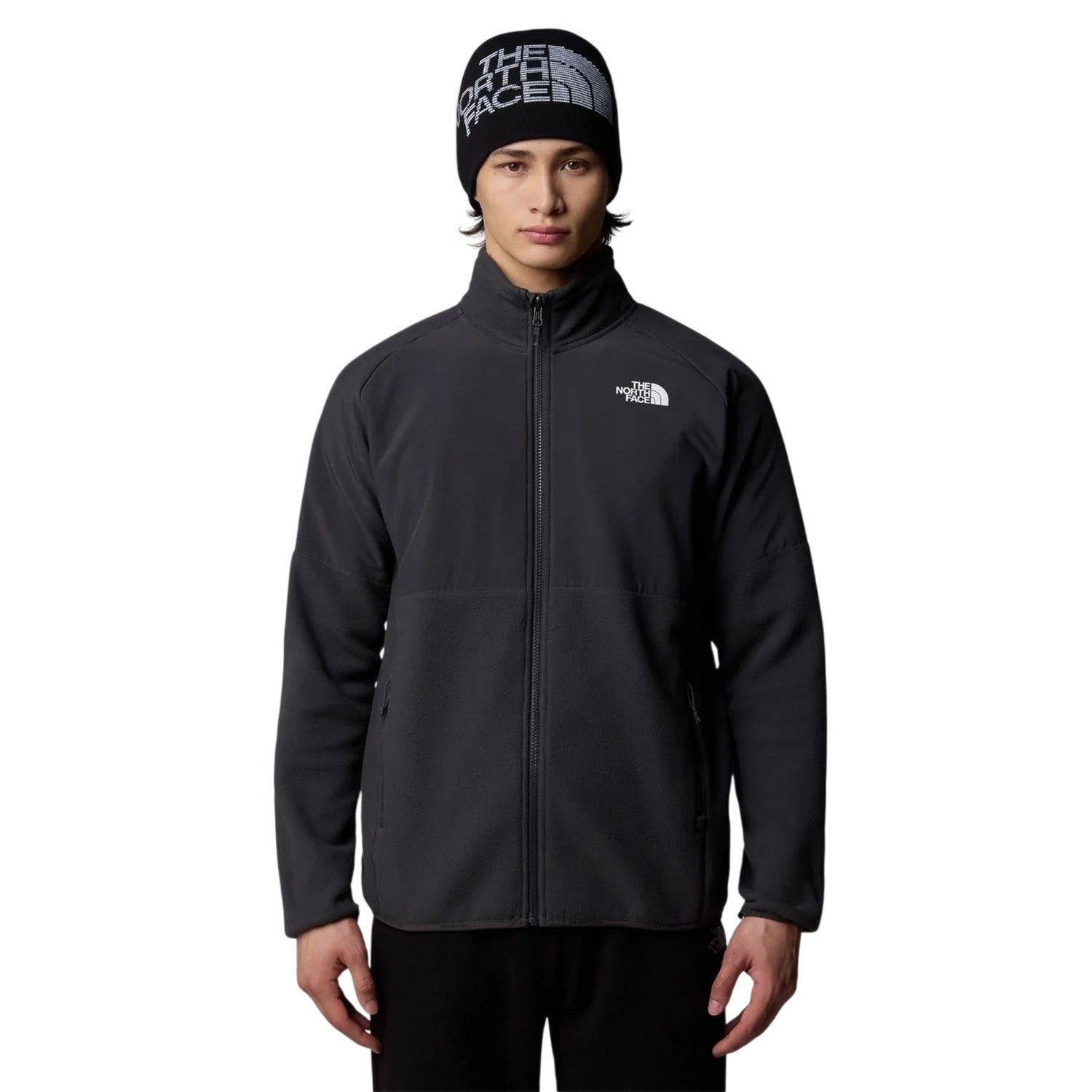 Black-Grey - Side - The North Face Mens Glacier Funnel Neck Raglan Fleece Jacket