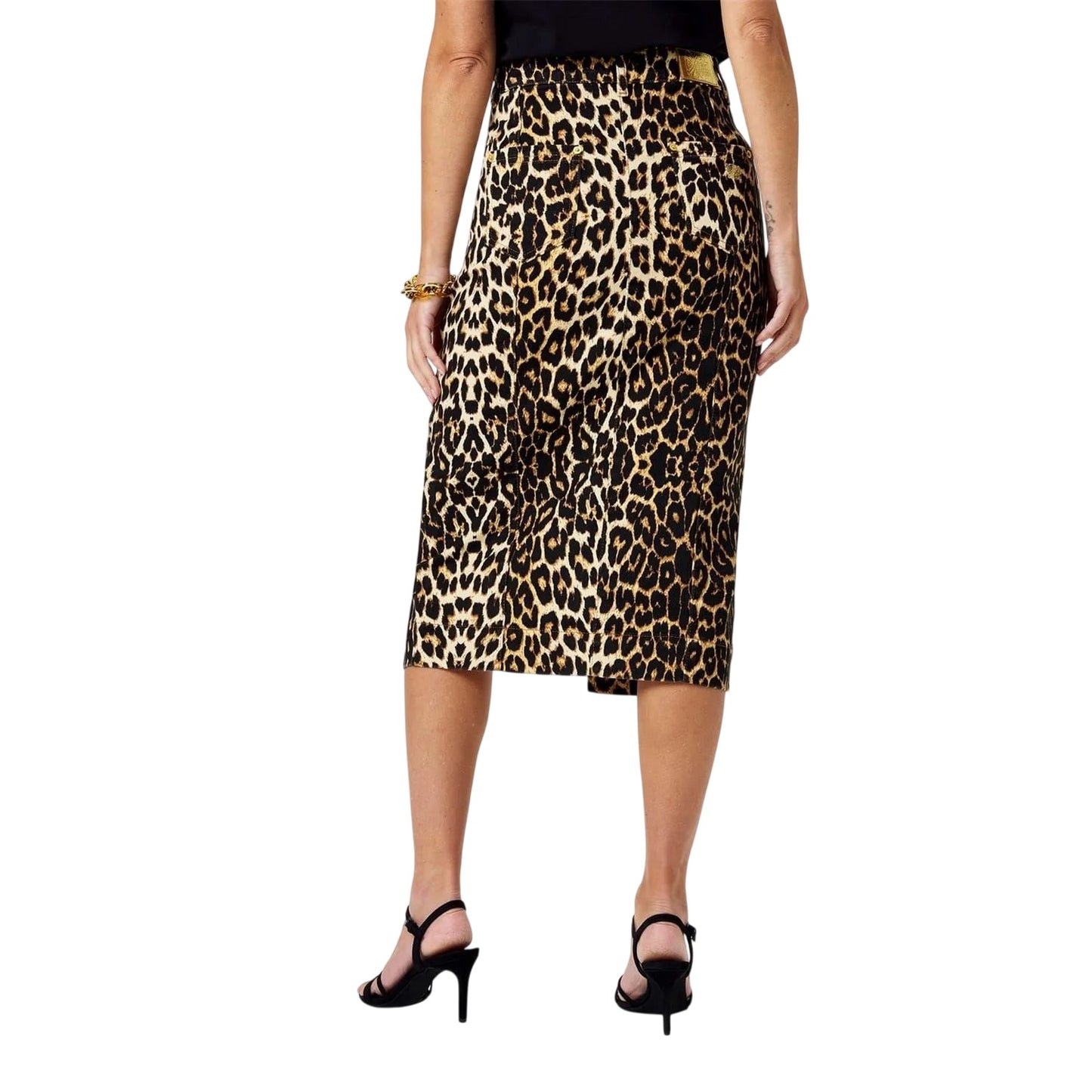 Black-Brown - Back - Biba Womens-Ladies Leopard Print Denim Midi Skirt