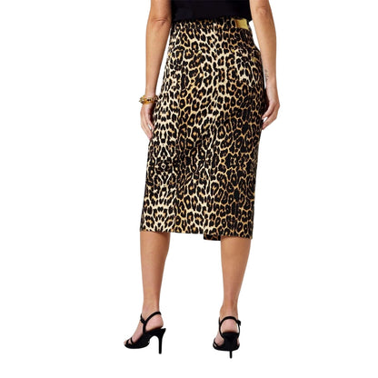 Black-Brown - Back - Biba Womens-Ladies Leopard Print Denim Midi Skirt