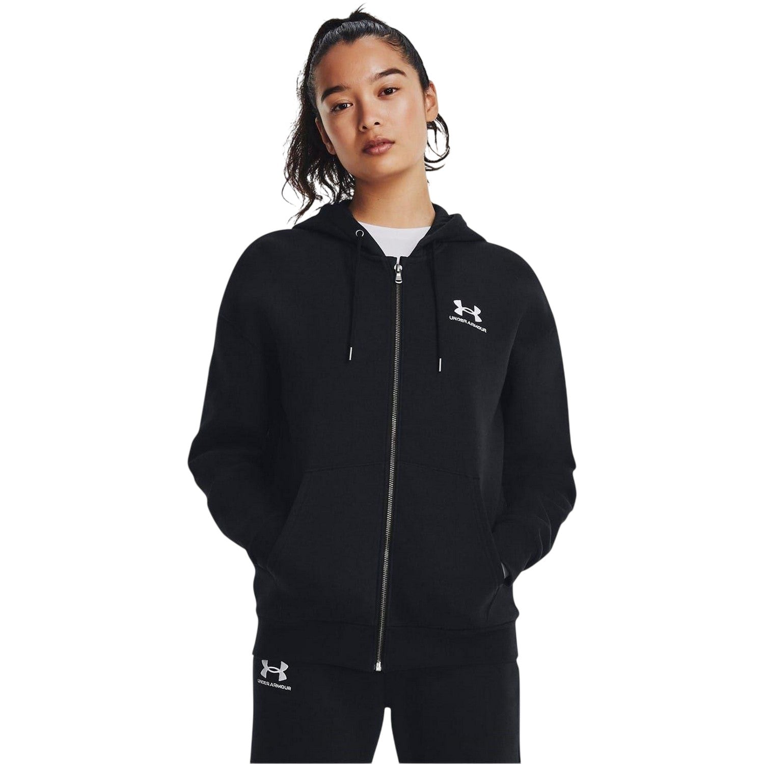 Black - Pack Shot - Under Armour Womens-Ladies Essential Drop Sleeve Full Zip Hoodie