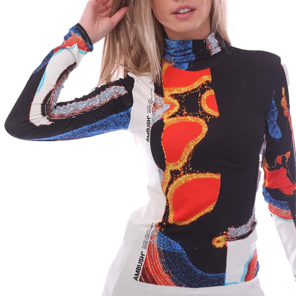 Multicoloured - Side - Ambush Womens-Ladies Printed Turtle Neck Fitted Long-Sleeved Top