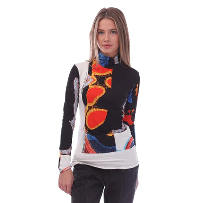 Multicoloured - Front - Ambush Womens-Ladies Printed Turtle Neck Fitted Long-Sleeved Top