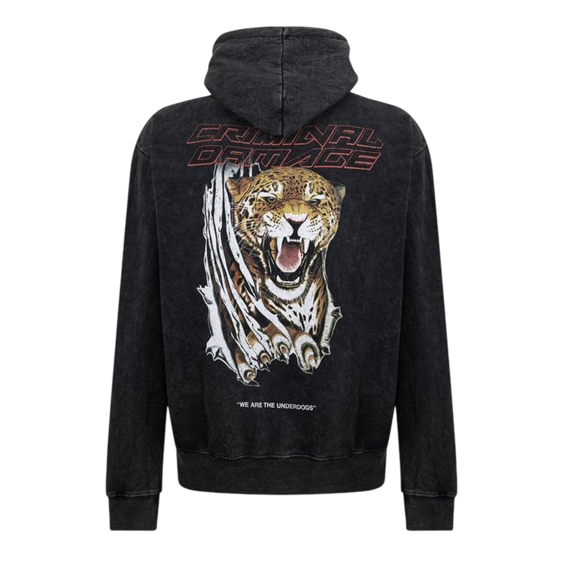 Washed Black - Back - Criminal Damage Mens Underdog Hooded Drawstring Hoodie