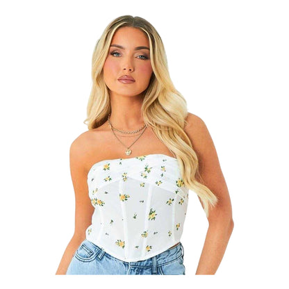 White - Back - Missy Empire Womens-Ladies Floral Fold Over Corset Top