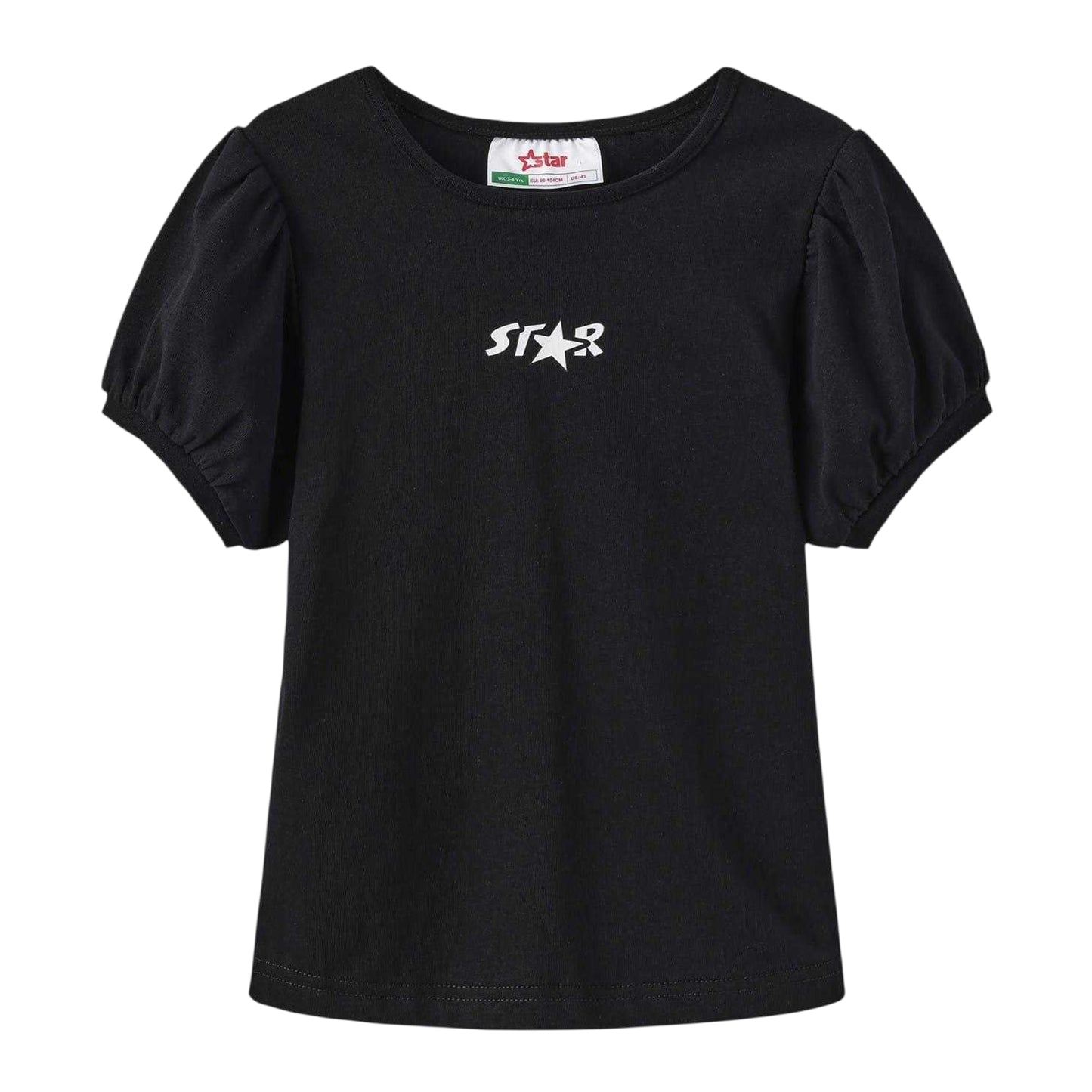 Black - Front - Star Girls Star Puff Sleeve T-Shirt