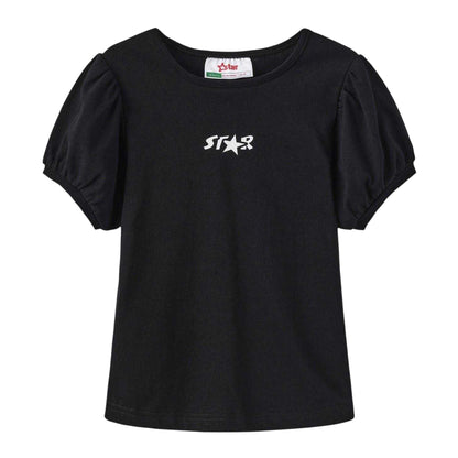 Black - Front - Star Girls Star Puff Sleeve T-Shirt