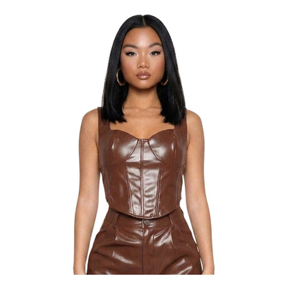 Brown - Back - Missy Empire Womens-Ladies PU Corset Top