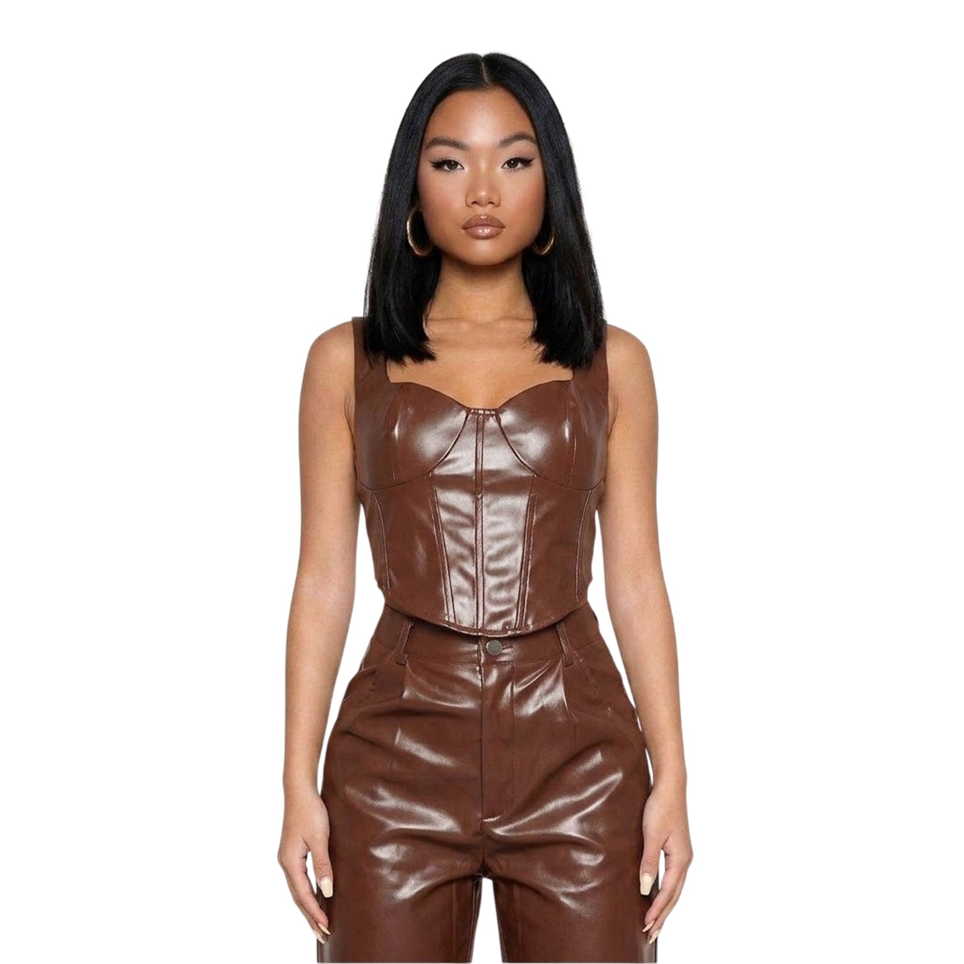 Brown - Front - Missy Empire Womens-Ladies PU Corset Top
