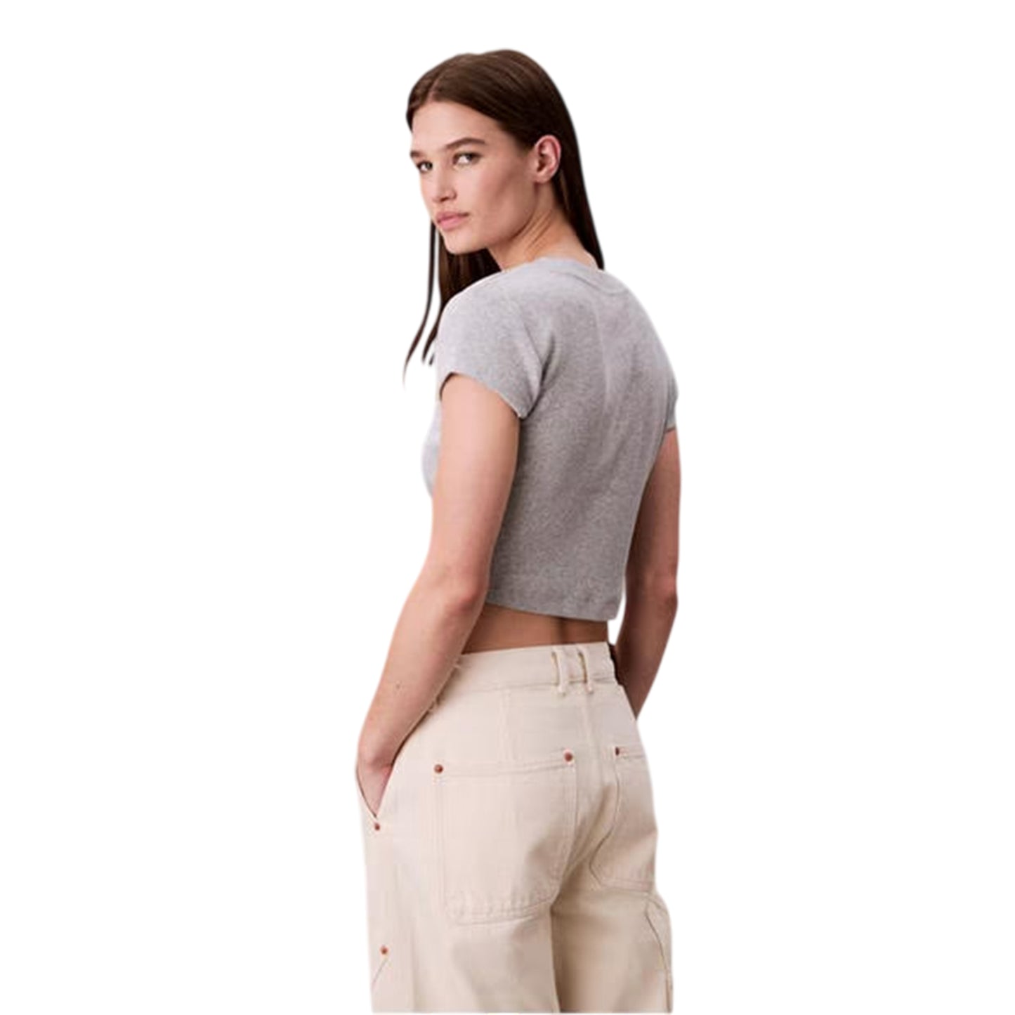 Grey Heather - Back - Calvin Klein Womens-Ladies Logo Slim Crop T-Shirt