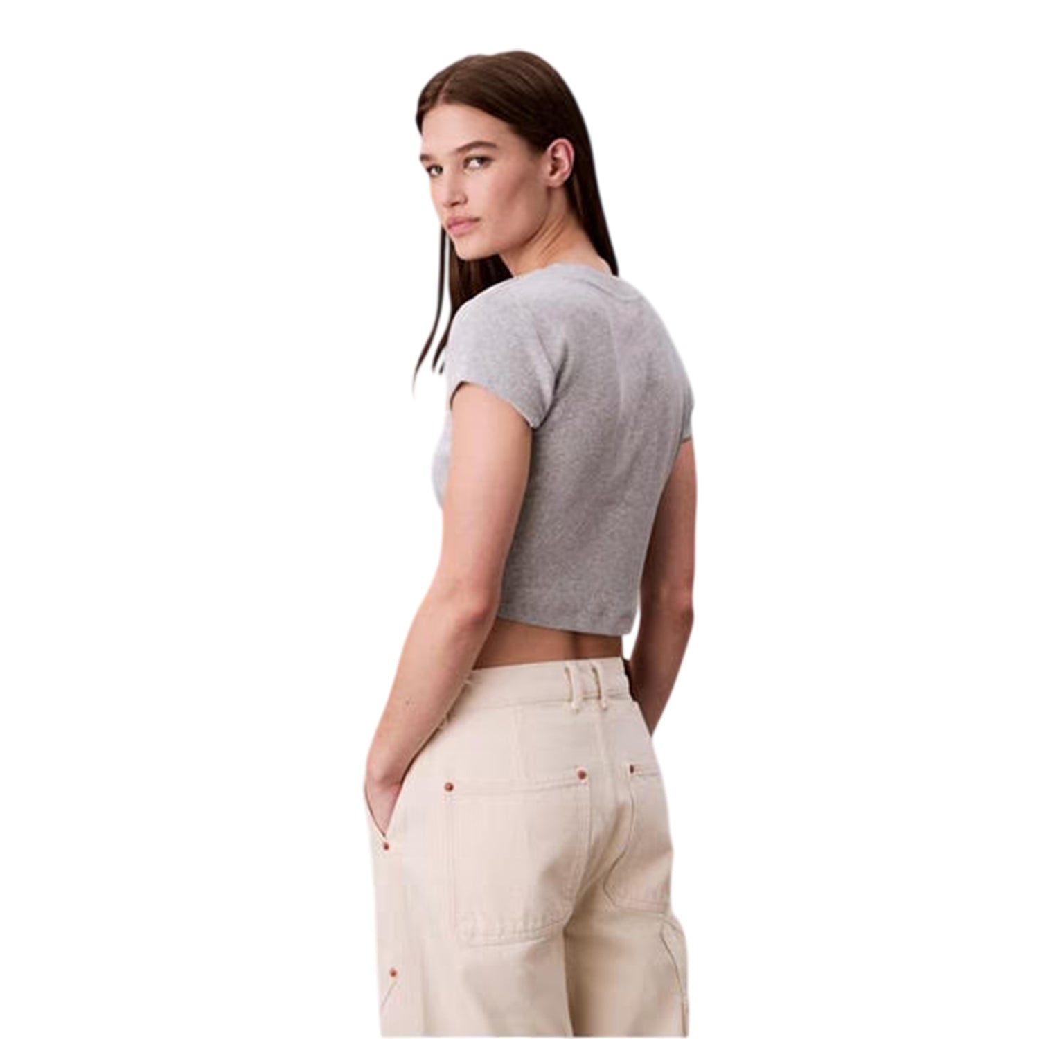 Grey Heather - Back - Calvin Klein Womens-Ladies Logo Slim Crop T-Shirt