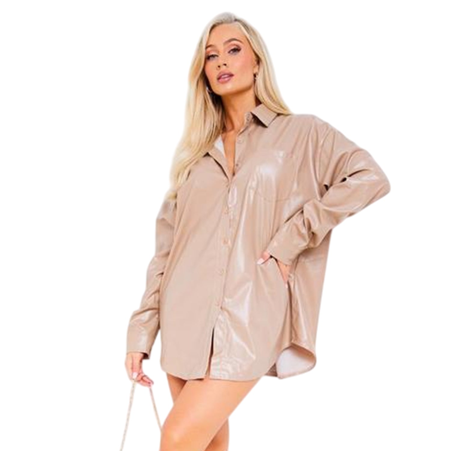 Taupe - Front - Missy Empire Womens-Ladies Faux Leather Pocket Shirt Dress