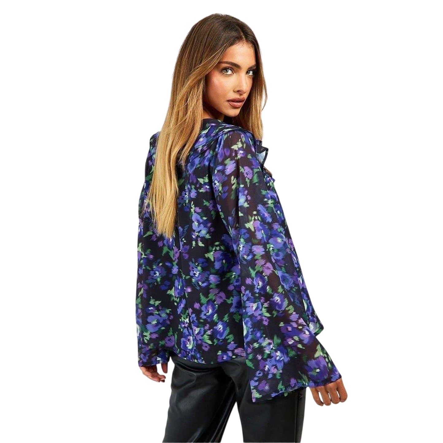 Black - Back - Influence Womens-Ladies Floral Ruffle Blouse